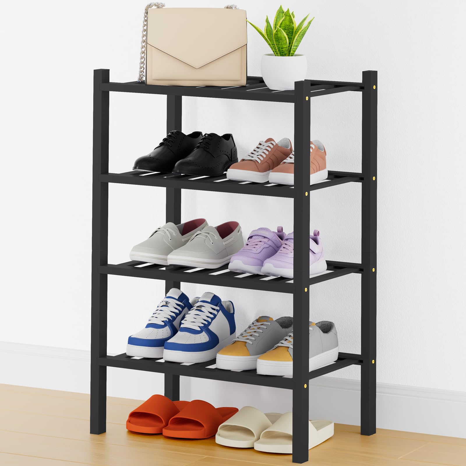 Smiry Bamboo Shoe Rack, 8 Vertical Slats, 4 Tier - 17.3" Wide, Black