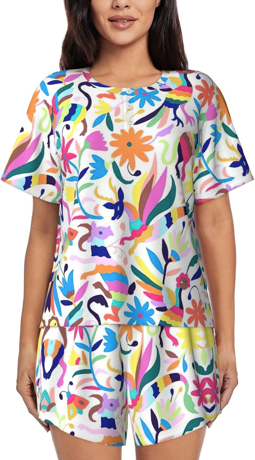 Mexican Otomi Animals Print Cute Short Sleeve Pajama Set For Women Casual Loungewear With Pockets Four Seasons