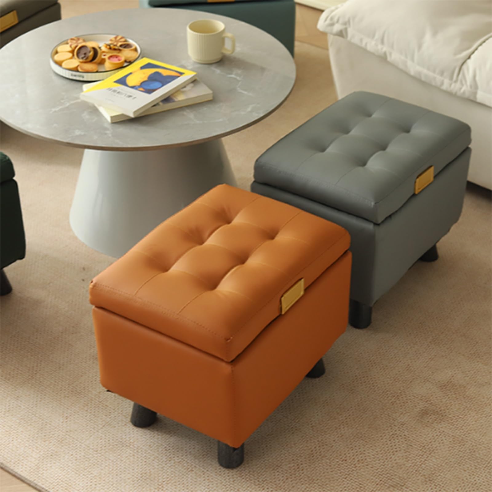 Otomana Cuadrada de Cuero con almacenaje, reposapiés tapizado para Entrada con Tiradores de herrajes, Patas Gruesas de Madera, Banco Acolchado para Zapatos con Tapa elevable(Green)
