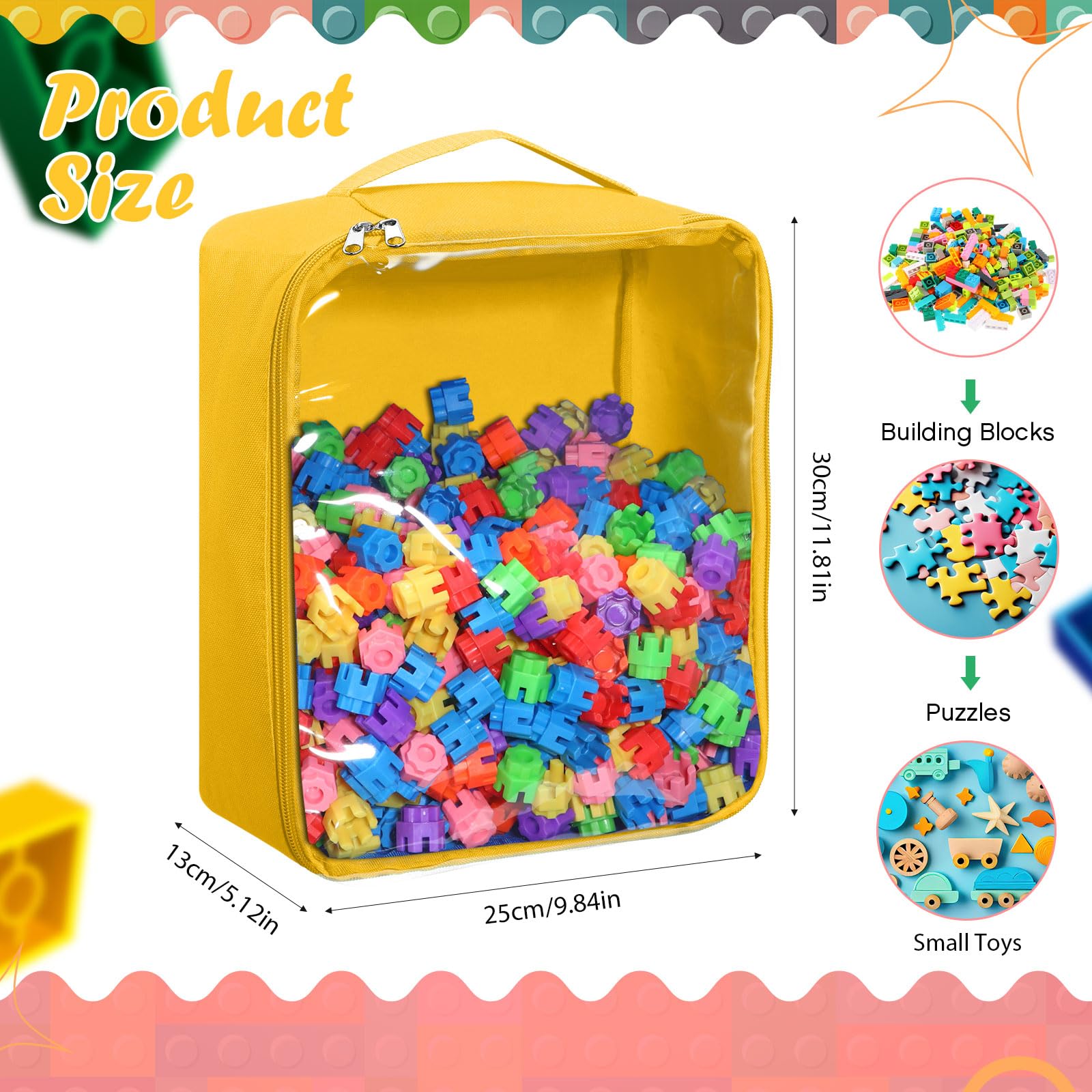 SilTriangle 6 Packs Toy Storage Bags with Clear PVC Window, Large Reusable Oxford Fabric Organizing Bags, Toy Bags for Building Blocks, Puzzles and Board Games Storage(Multicolor)