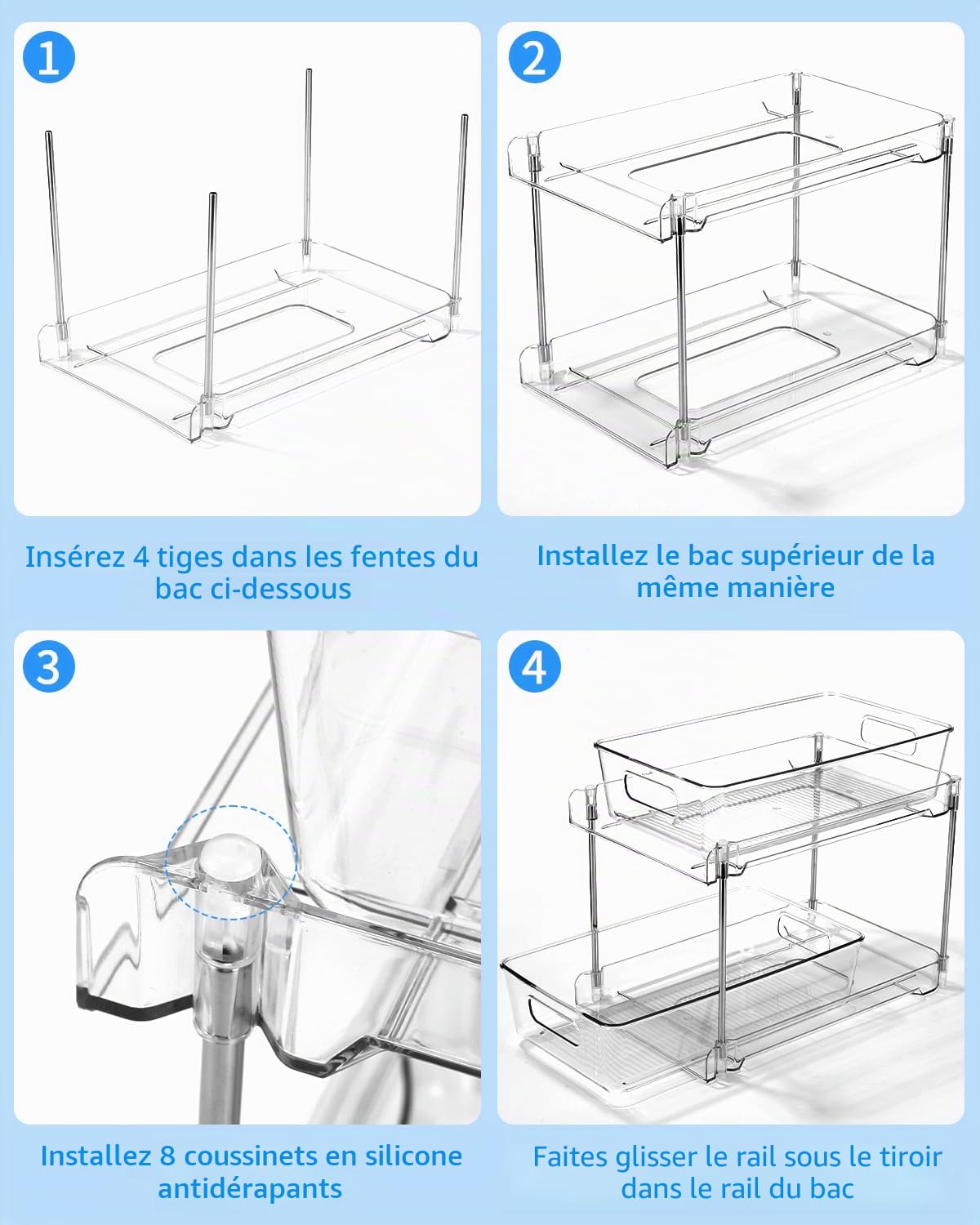 Organisateurs sous Évier 2 Niveaux, Lot de 2 Coulissant, Rangement et Organisation Polyvalente de Cuisine, Transparent
