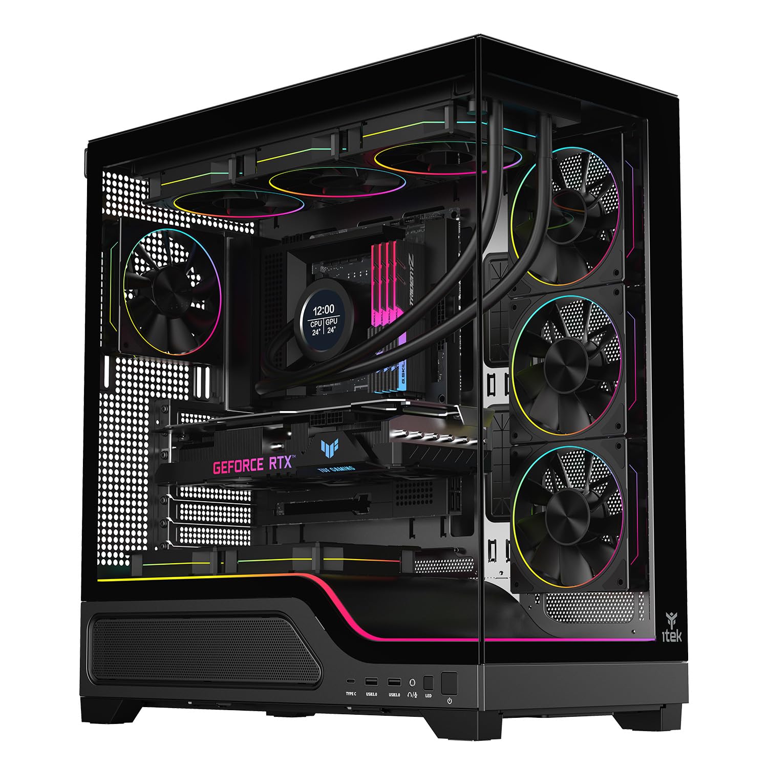 Itek Case Gaming SHOWBUI WAVE 82B - Tower ATX con 4 ventole ARGB 12 cm incluse - 2xUSB3, Type-C- e paratia frontale e laterale in vetro temp scuro