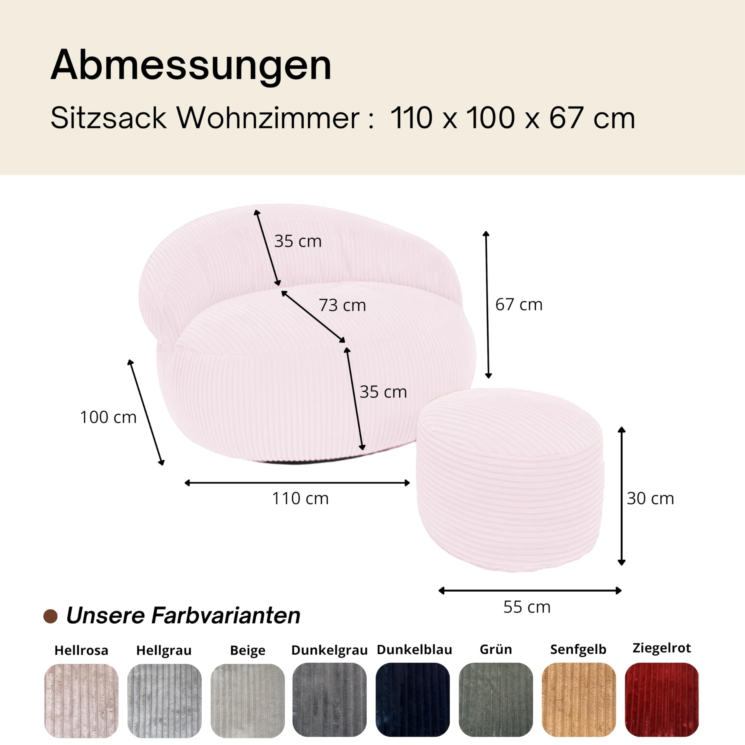 bananair – Sitzsack für Wohnzimmer aus Cord mit Fußhocker - XXL Bean Bag Chair Weich - Maschinenwaschbarer Bezug - Ideal für Salon, Schlafzimmer Erwachsene, Jugendliche (110 × 100 cm, Hellrosa)
