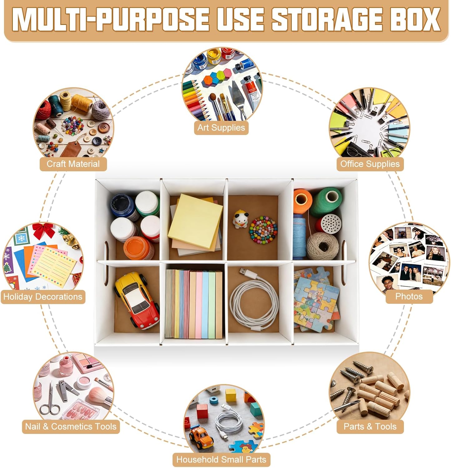 Compartment Storage Box, 4 Pack Organizer Box with Dividers, Detachable Art Storage Organizer with 8 Compartments, Storage Bins with Lids, Craft Organizers for Cards, Photos, Decorations, DIY Crafts