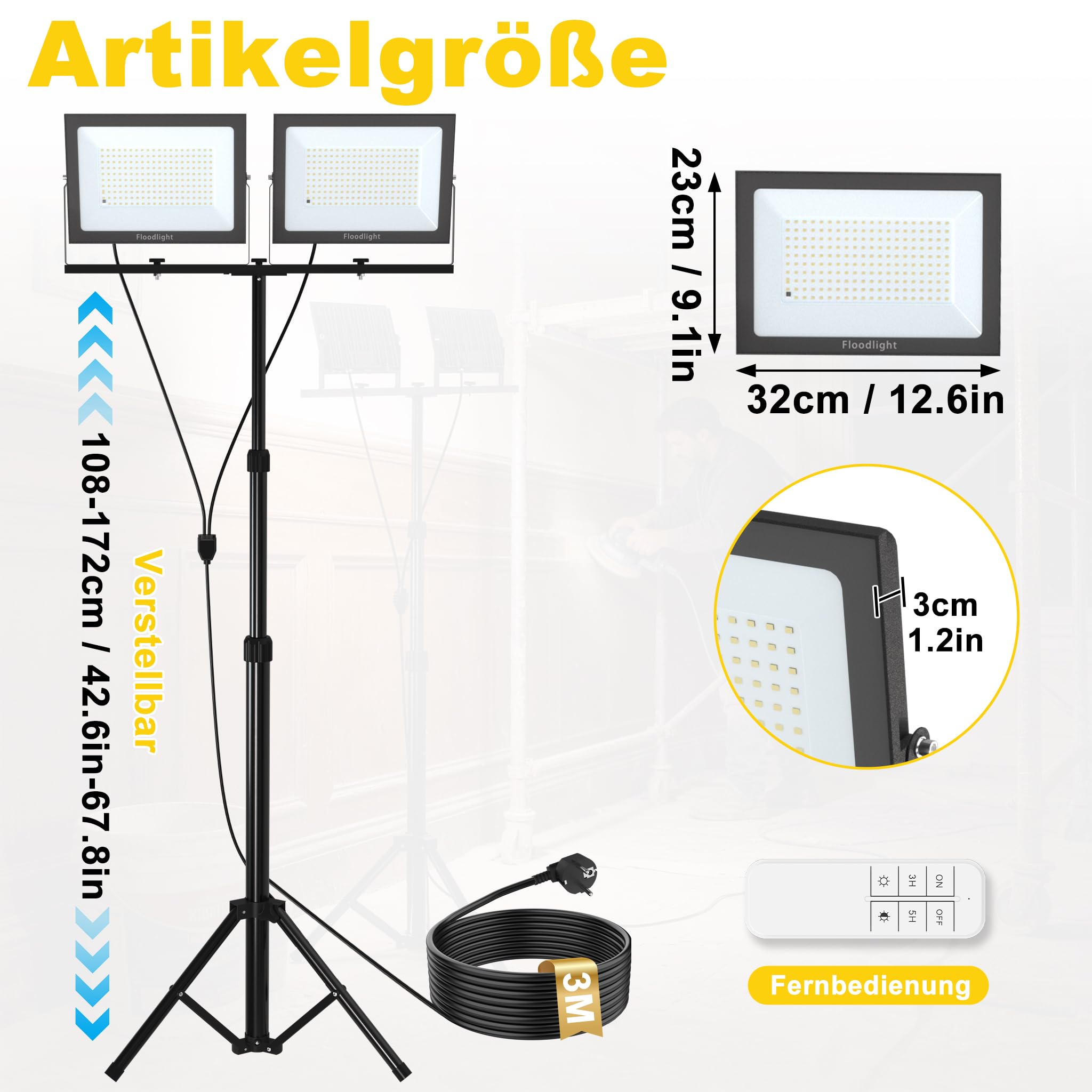 XMTECH LED Baustrahler 2×200W mit Teleskop-Stativ, IP66, 2 Fluter, Fernbedienung, dimmbar, 6000–6500K, 120° Abstrahlwinkel, 220V, flimmerfrei, robust für Baustelle, Garage, Außenbeleuchtung
