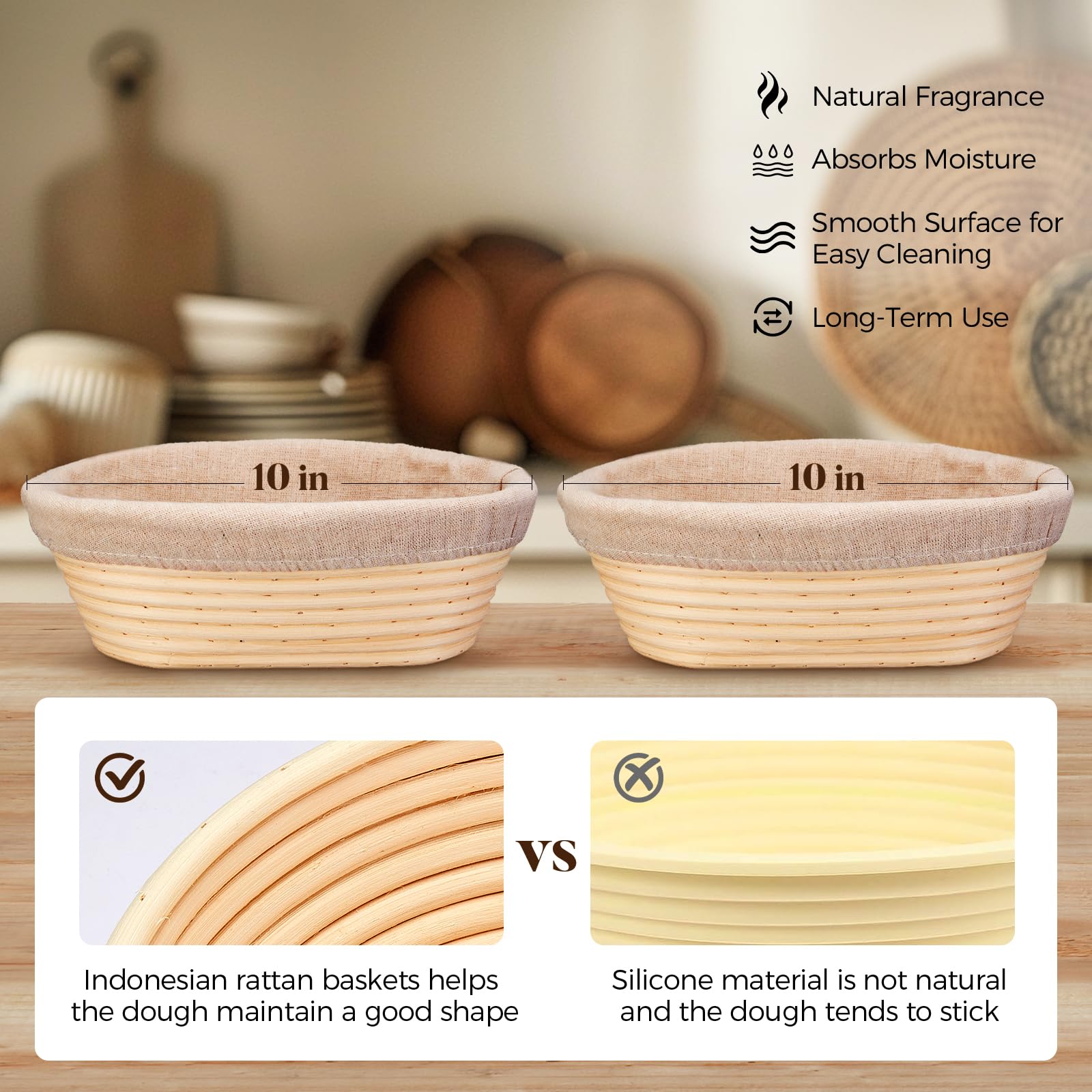 Banneton Brotgärkörbchen – Sauerteig-Starter-Set enthält 25,4 cm ovales Banneton Sauerteig-Gärkörbchen Set mit 2 Sauerteig-Brot-Backzubehör für die Herstellung von Backgärung
