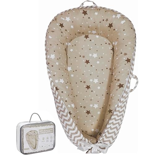 Baby Lounger | Organic Cotton Infant Lounger | Reversible, Adjustable & Portable Floor Lounger | Supervised Use | Soft, Breathable, Washable Cover- Star Collection (Tan)