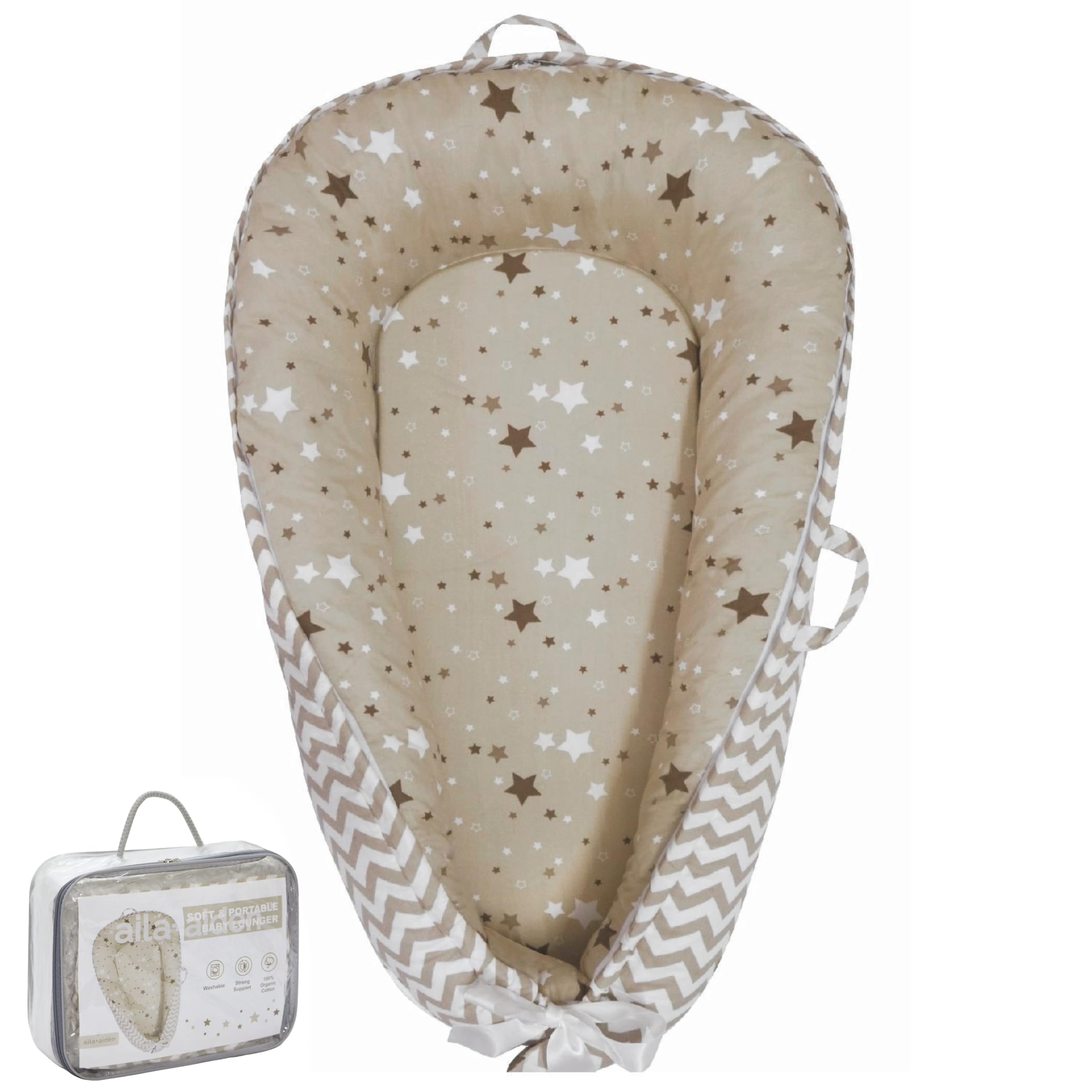 Baby Lounger | Organic Cotton Infant Lounger | Reversible, Adjustable & Portable Floor Lounger | Supervised Use | Soft, Breathable, Washable Cover- Star Collection (Tan)