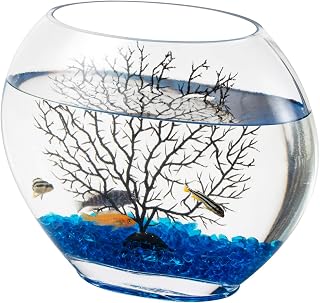 hygger Mini 0.85 Gallon Oblate Glass Fish Bowl Kit with Blue Stones & Fan Tree Ornament - Compact Aquarium for Small Fish, Shrimp, Turtles
