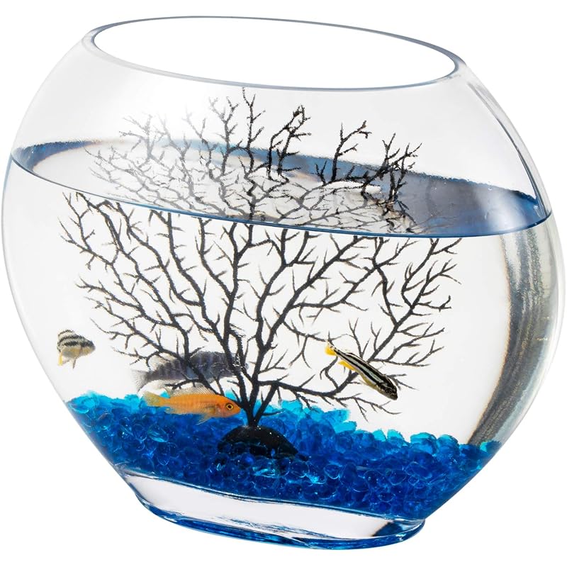 hygger Mini Glass Oblate Fish Bowl Kit, Small Fish Tank Comes with Blue Aquarium Decor Stones and Plastic Fan Branch Tree Ornament