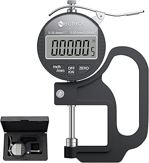 Neoteck Digital Thickness Gauge 1inch/25.4mm,0.00005inch/0.001mm LCD Display with Inch/MM Conversion One-Hand Quick Press Thickness Measuring Tool for Leather Paper Fabric Film etc.-Silver-Black
