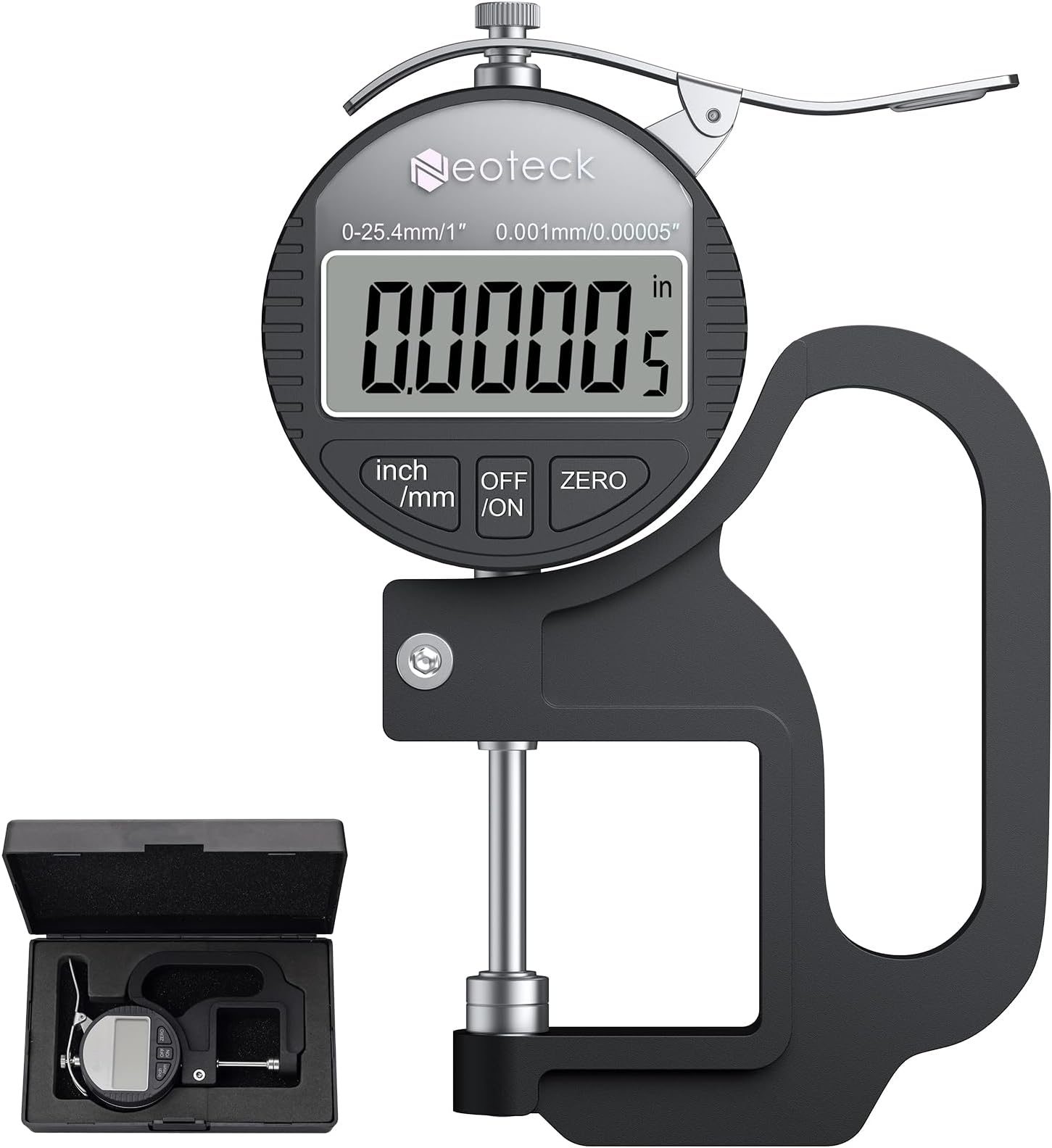 Neoteck Digital Thickness Gauge 1inch/25.4mm,0.00005inch/0.001mm LCD Display with Inch/MM Conversion One-Hand Quick Press Thickness Measuring Tool for Leather Paper Fabric Film etc.-Silver-Black