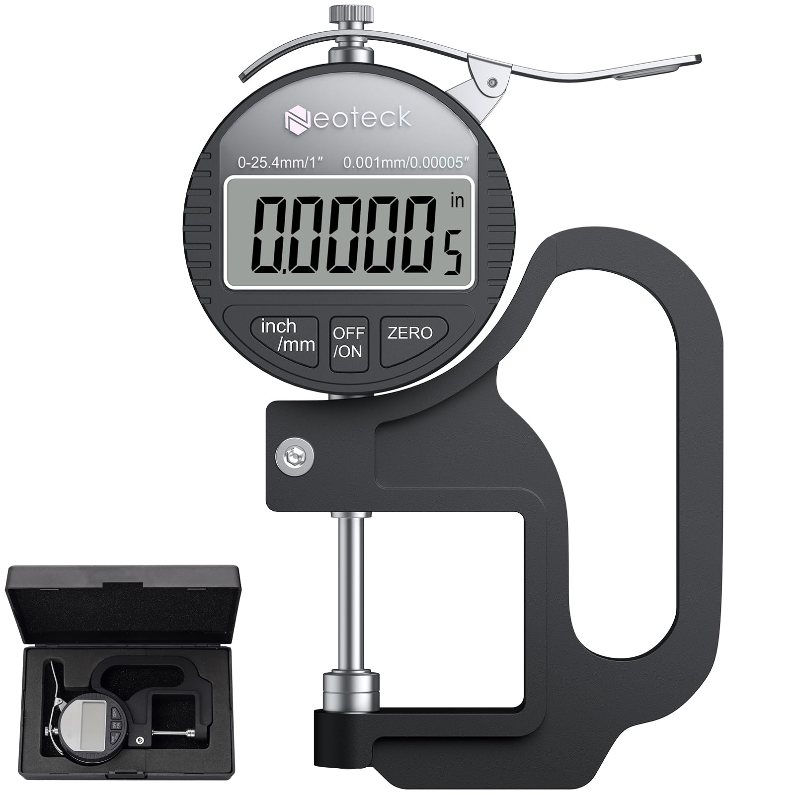 Neoteck Medidor de Espesor Digital 0-25.4mm Medidor de Grosor Portátil 0.001/0.00005'' Calibrador de Grosor con Conversión de Pulgadas/Métrica y Apagado Automático para Cuero Papel Telas Cable-Negro
