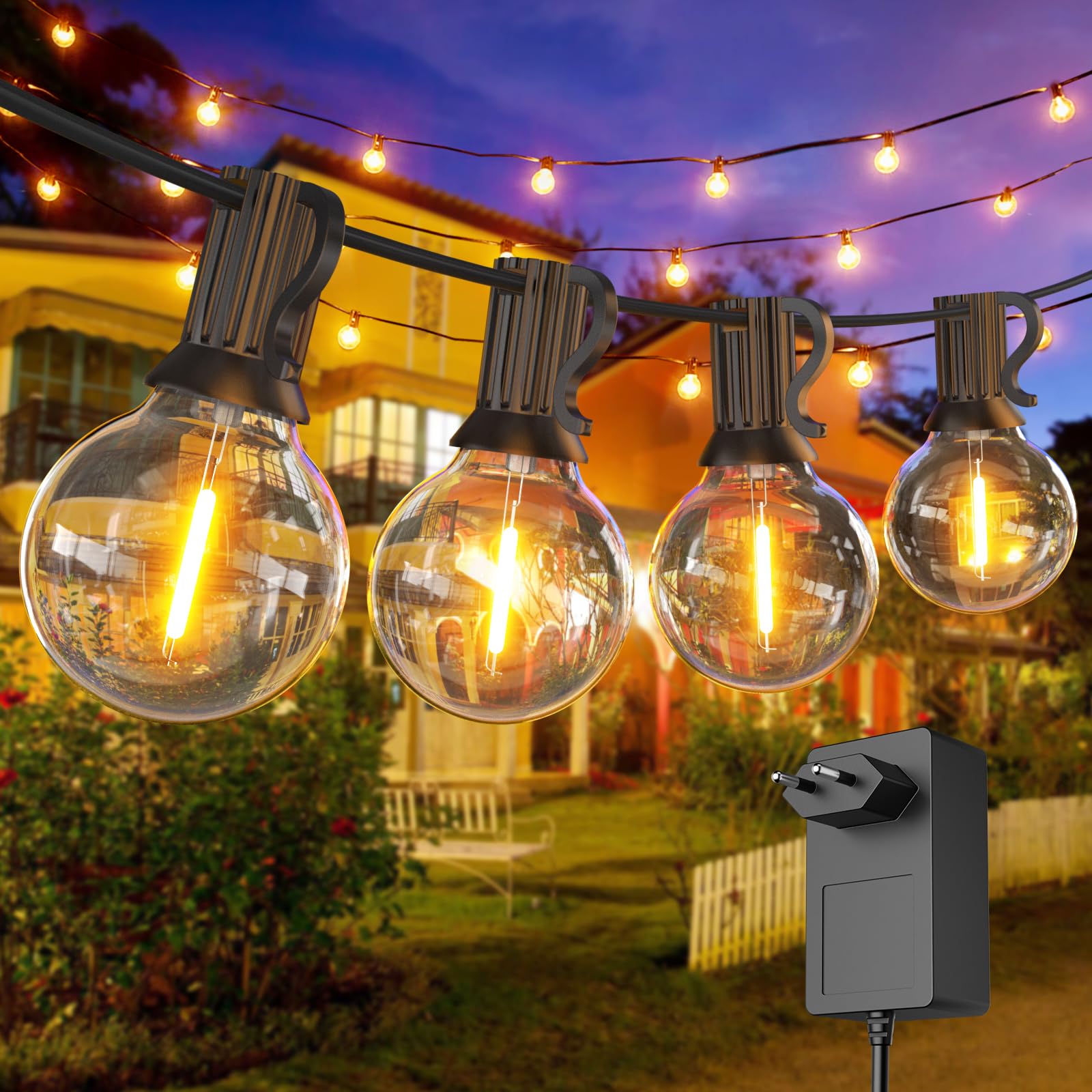 FARNY-Catena Luminosa Esterno, 7.6M/25FT Catena Luminosa G40 LED con 12+1 IP45 Lmpermeabili Plastica Lampadine, 2700K Catena Luminosa Giardino, Matrimonio/Casa/Caffè/Gazebo