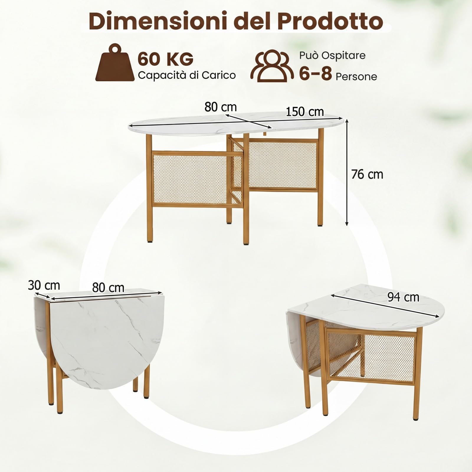 COSTWAY Tavolo da Pranzo Pieghevole per 6-8 Persone, Tavolo Consolle Estensibile Salvaspazio con Ali Ribaltabili con Ganbe in Metallo per Cucina e Soggiorno, 150 x 80 x 76 cm (Bianco)