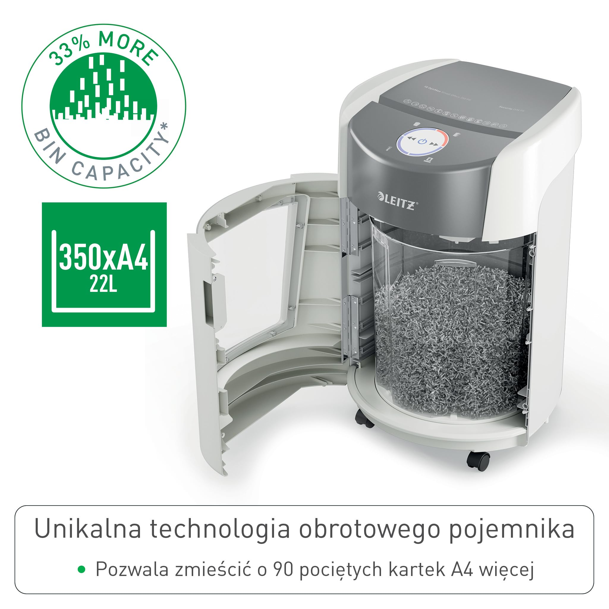 Leitz IQ OptiMax Small Office 350 Niszczarka P5 Mikrocięcie, Pojemnik Rotacyjny zwiększający pojemność o 33% (22L), mieści do 350 kartek A4, Niszczy 8–10 kartek 70–80 gsm, Czas pracy do 20 min