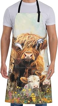 Highland Cow Family Apron for Women with Floral,28x33in,Charming Kitchen Aprons with 2 Pockets,Oxford Fabric,Cute Animal Adjustable Apron for Cooking Baking Gardening Chef,Gifts for Mom Wife
