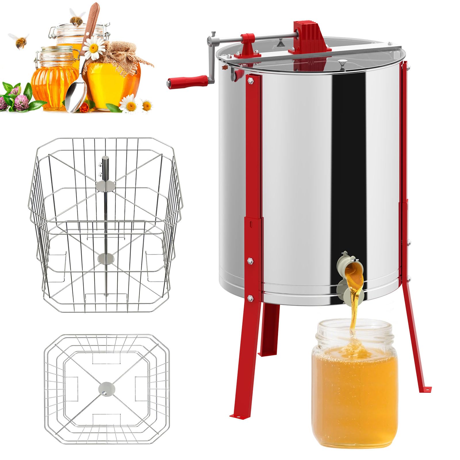 LZQ Extracteur de miel manuel en acier inoxydable pour 4 cadres, extracteur de miel centrifuge à manivelle, extracteur de miel pour apiculture, réglable en hauteur, accessoires pour l'élevage des