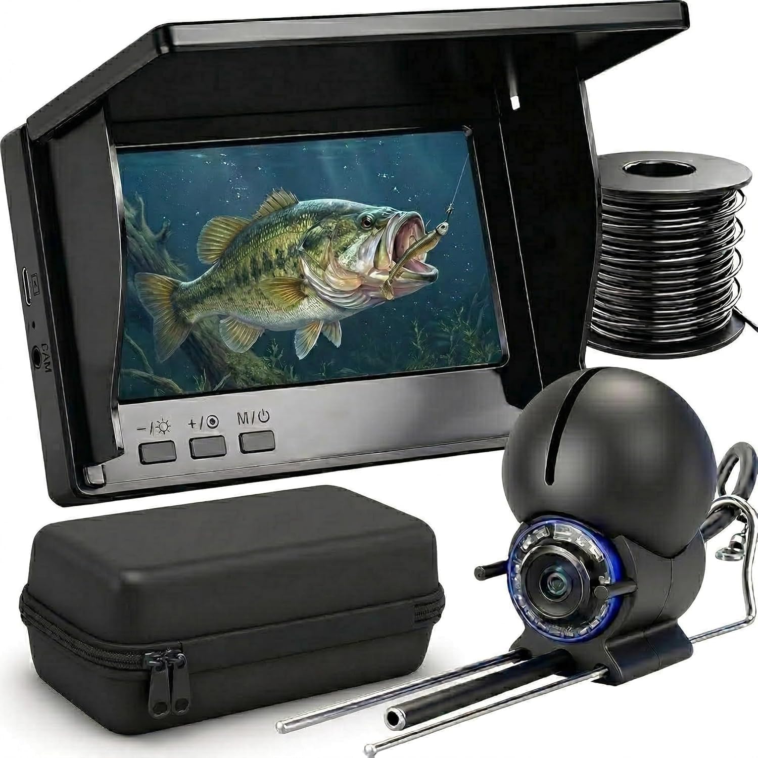 batery operated fish hook as shown on tv Underwater Fishing Camera with 4.3 Inch LCD, 5000mAh Battery, Infrared Night Vision Light, Portable Finder with 100ft Cable for Ice Lake Boat Kayak Fishing : Electronics Types of Reels | The fishing camera system Color:Cotton Mouth Downriggers