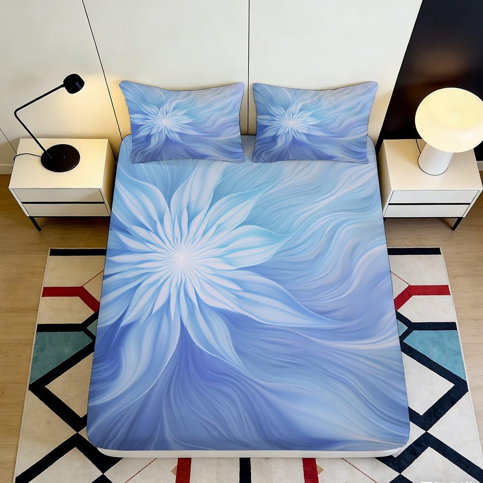 3D Printed Blue Floral Fitted Sheet Microfiber Soft Mattress Cover Watercolor Petal Bed Sheet for Bedroom Decor 90x200x25cm