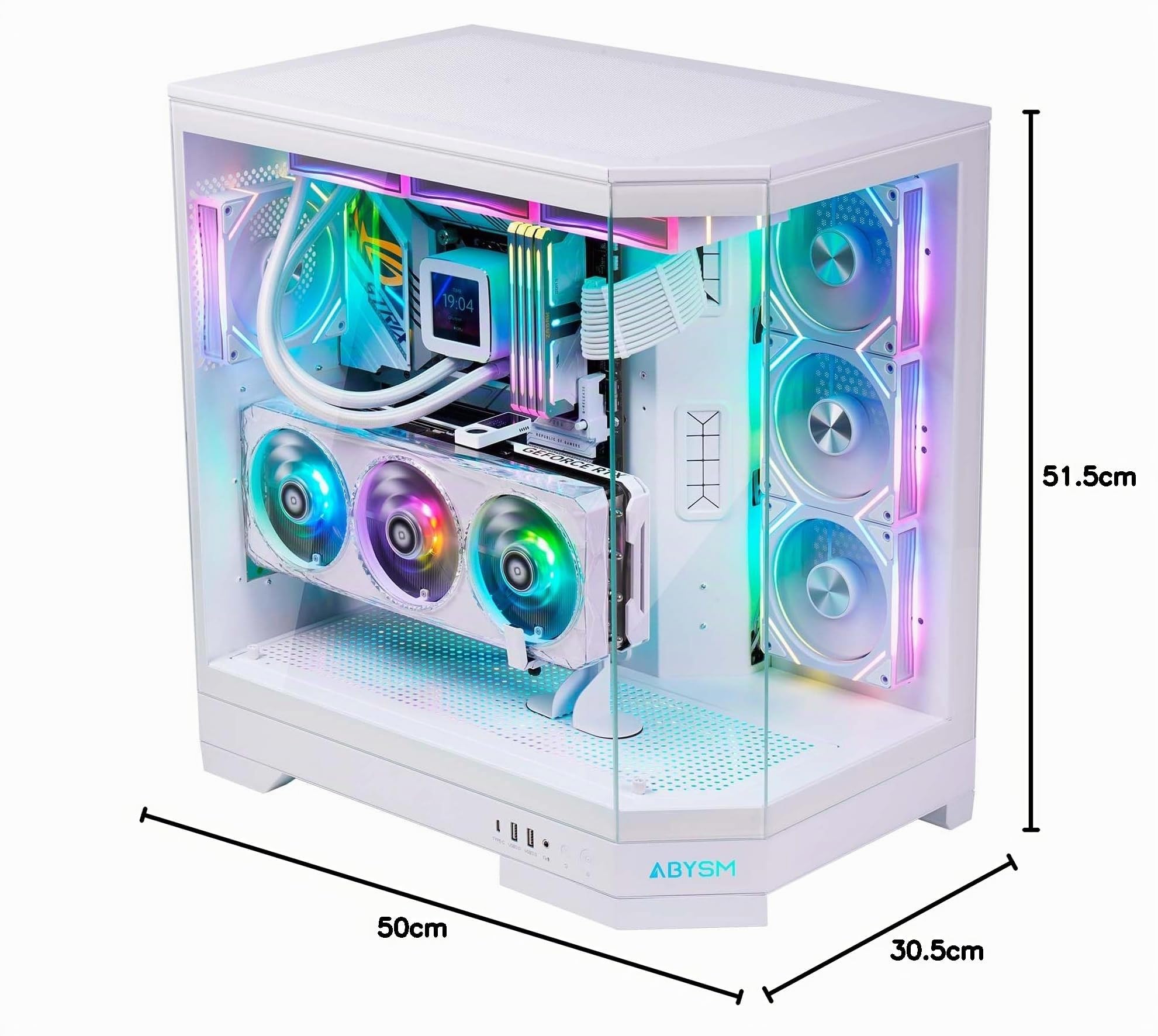 Abysm Gaming Danube SAVA H600 Boîtier PC Gamer E-ATX avec 3 Panneaux en Verre trempé, 4 Ventilateurs ARGB de 120 mm, contrôleur, Support pour GPU et câble Riser PCIe 4.0 16x