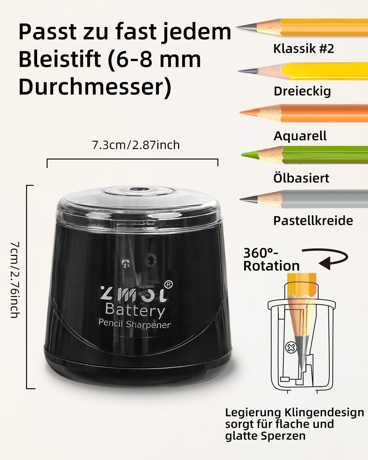ZMOL Elektrischer Spitzer & Anspitzer, Bleistiftspitzer für Kinder, Batteriebetrieben für Buntstifte und Bleistifte (6-8mm), für Schule, Büro, Haushalt und Klassenzimmer, Kinderfreundlich – Schwarz