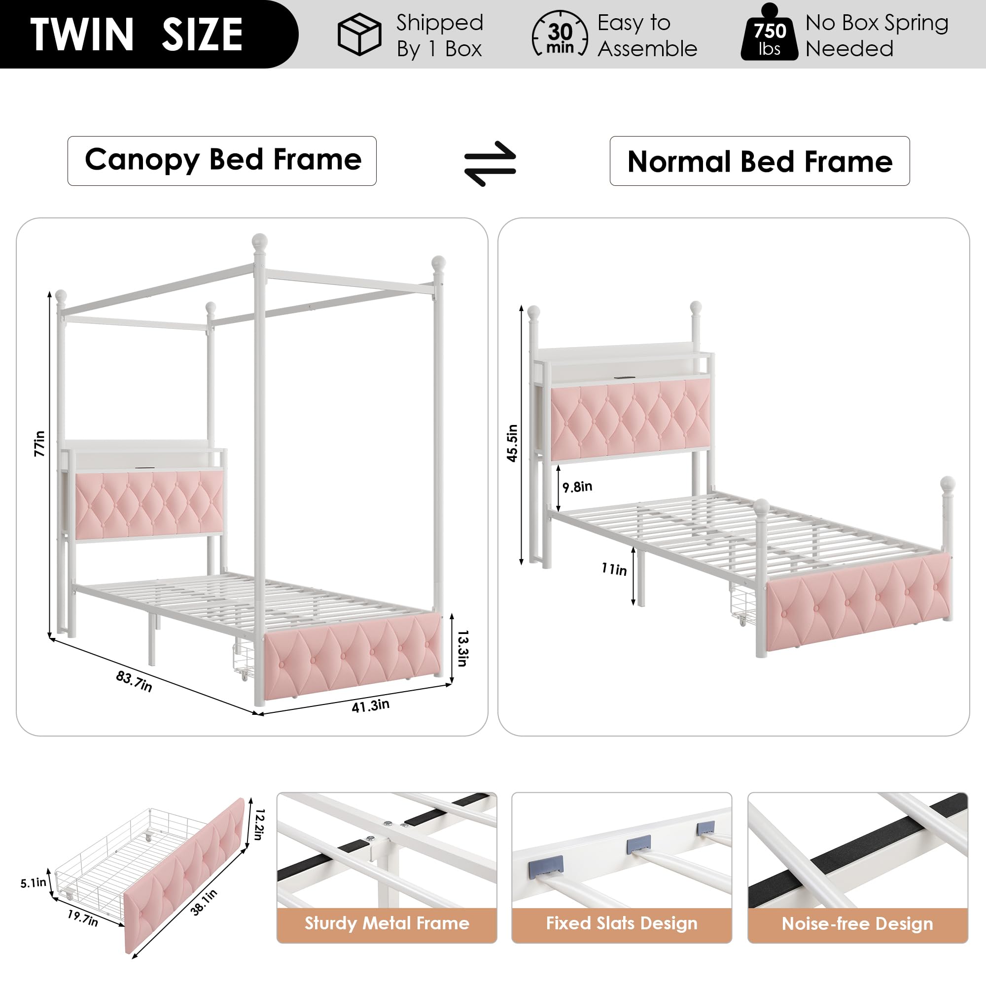 HIFIT Set of 2 Girls Twin Upholstered LED Canopy Bed Frame with Charging Station & Storage Drawer, Button Tufted Storage Headboard w/Bookshelf, Two-Use Kids Platform Bed frame w/4 Removable Post, Pink