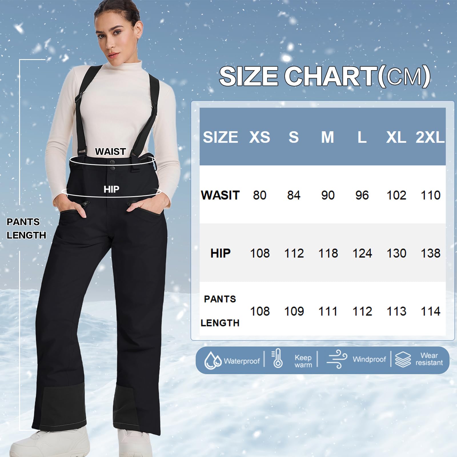 HOUZONIY Pantalones de esquí para mujer, pantalones térmicos de snowboard, pantalones de exterior para mujer, cintura ajustable, con tirantes extraíbles, ropa de esquí