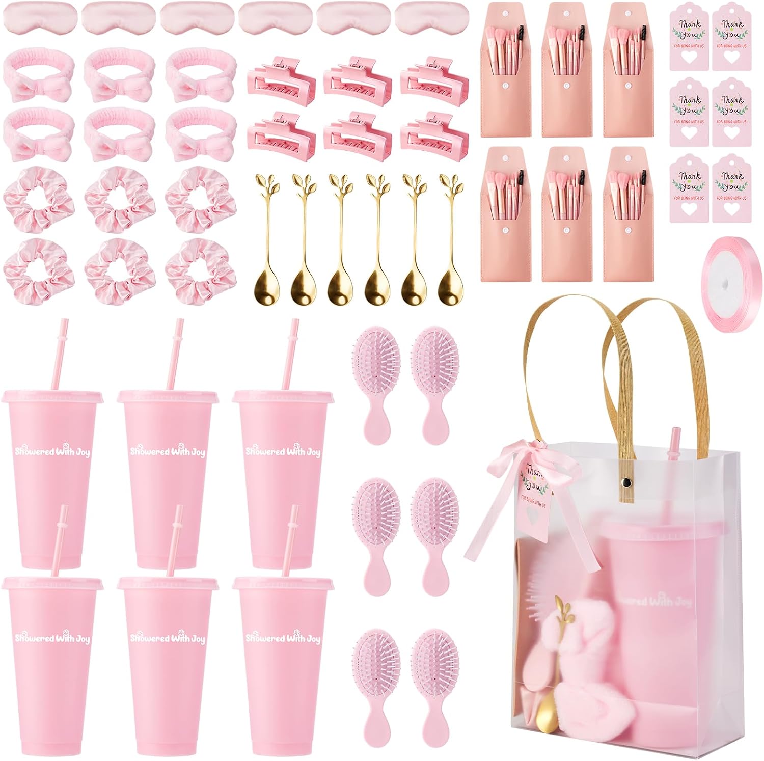 115 Pcs Baby Shower Favors for Guests Gifts Baby Shower Prizes for Game Winners Include Plastic Tumbler Spoon Headband HairBrush Eye Mask Hair Tie Claw Makeup Brushes Gift Bag (Pink)