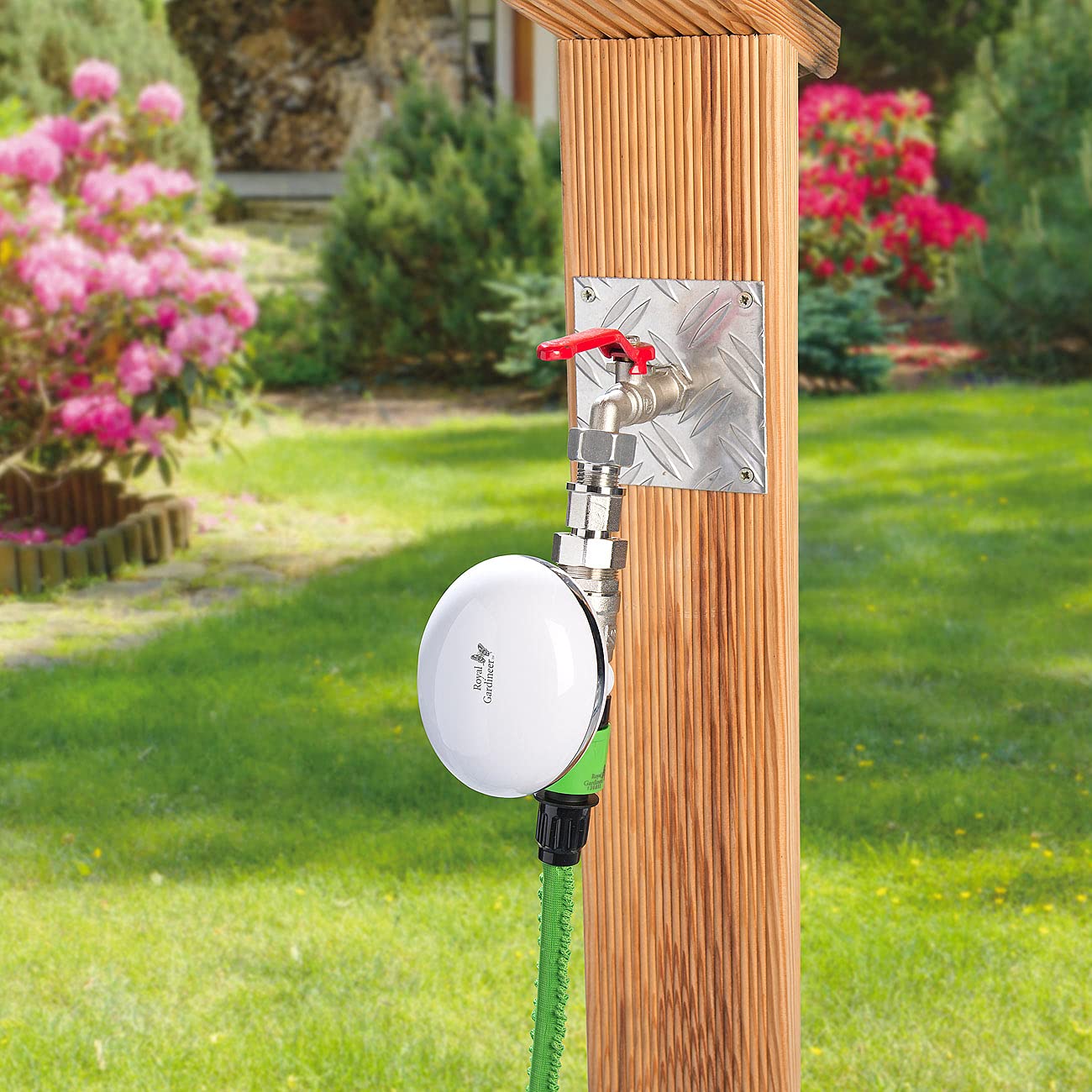 Royal Gardineer WLAN Wasserhahn: WLAN-Bewässerungscomputer mit Durchfluss-Regelventil und App-Steuerung (Absperrventil, Bewässerungscomputer mit Ventil, Samsung)