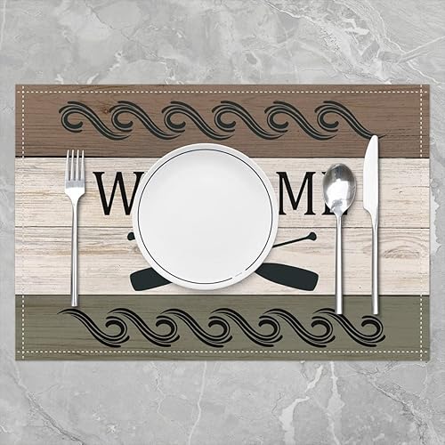 Miniatura 2 de Welcome Lake - Manteles individuales vintage con rayas de madera para niños, adolescentes y adultos, diseño de dibujos animados, estilo rústico,