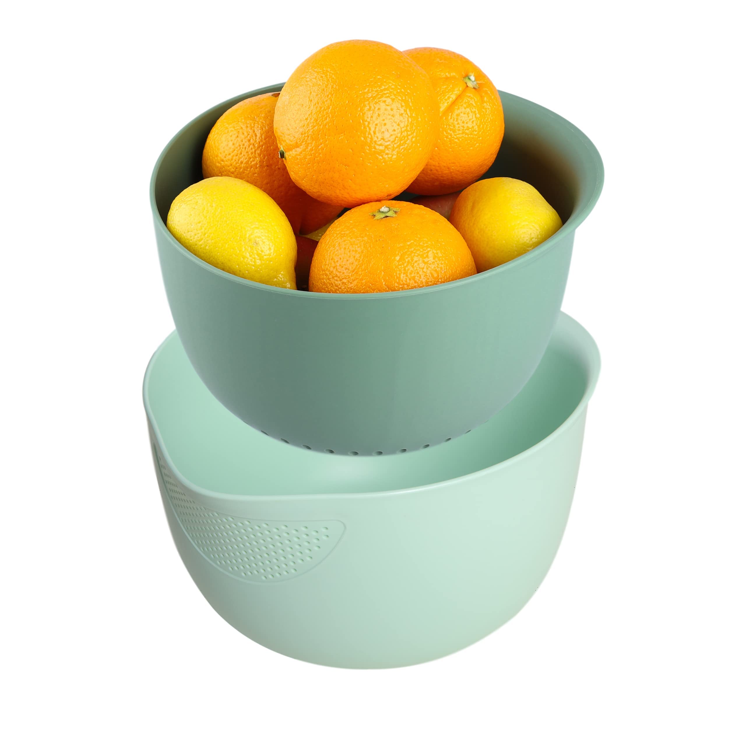 Azonee Rice Strainer and Kitchen Colander Set, Strain Rice, Quinoa and Small Grains, Soak, Wash and Drain Vegetables and Fruit Olive and Sage (4 Quart Bowl)