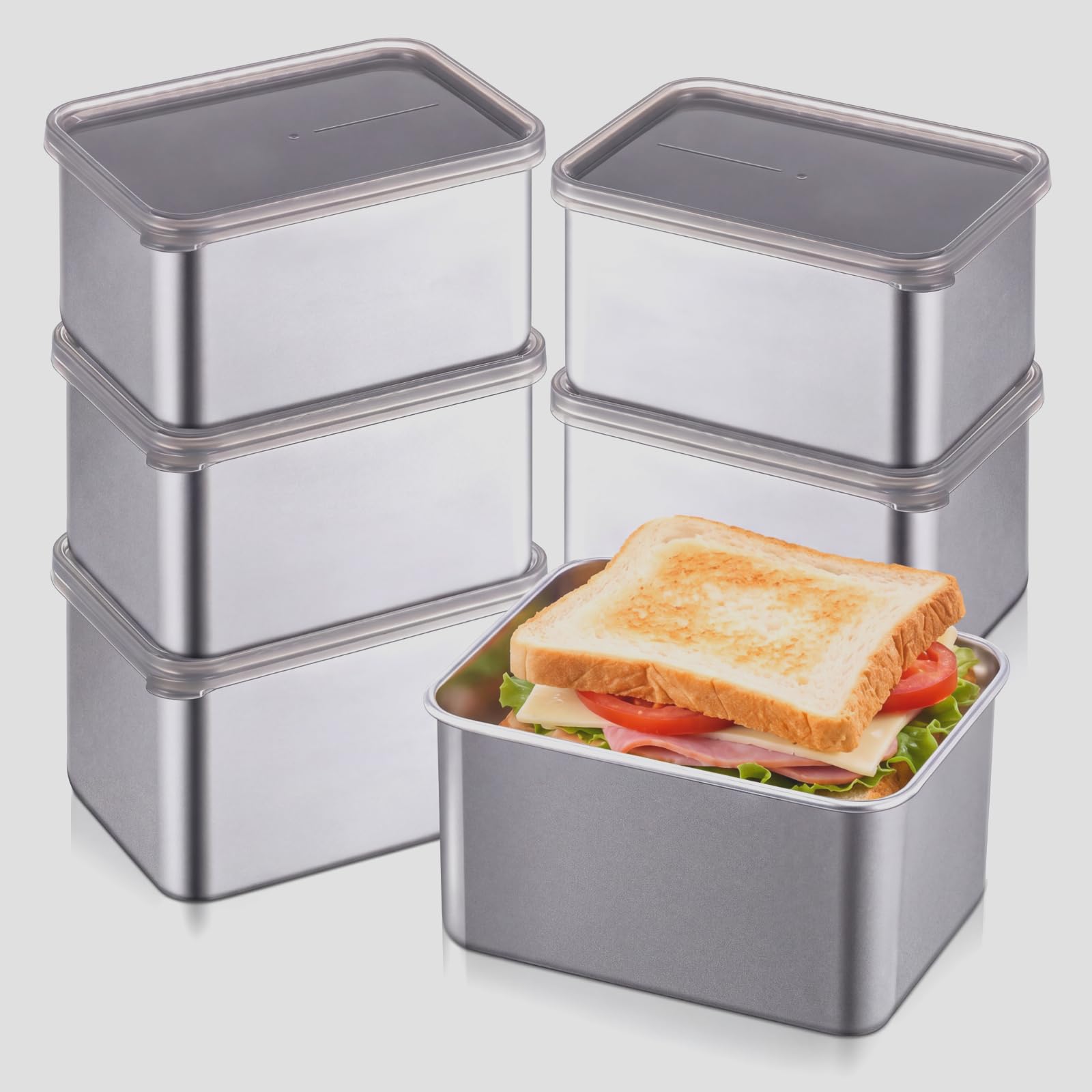Photo 1 of Hushee 6 Pcs 304 Stainless Steel Sandwich Containers with Lids 30 oz Bento Lunch Box Reusable Fruit Food Storage Containers Dishwasher Safe Fridge Storage for Kitchen Home Travel Work Party