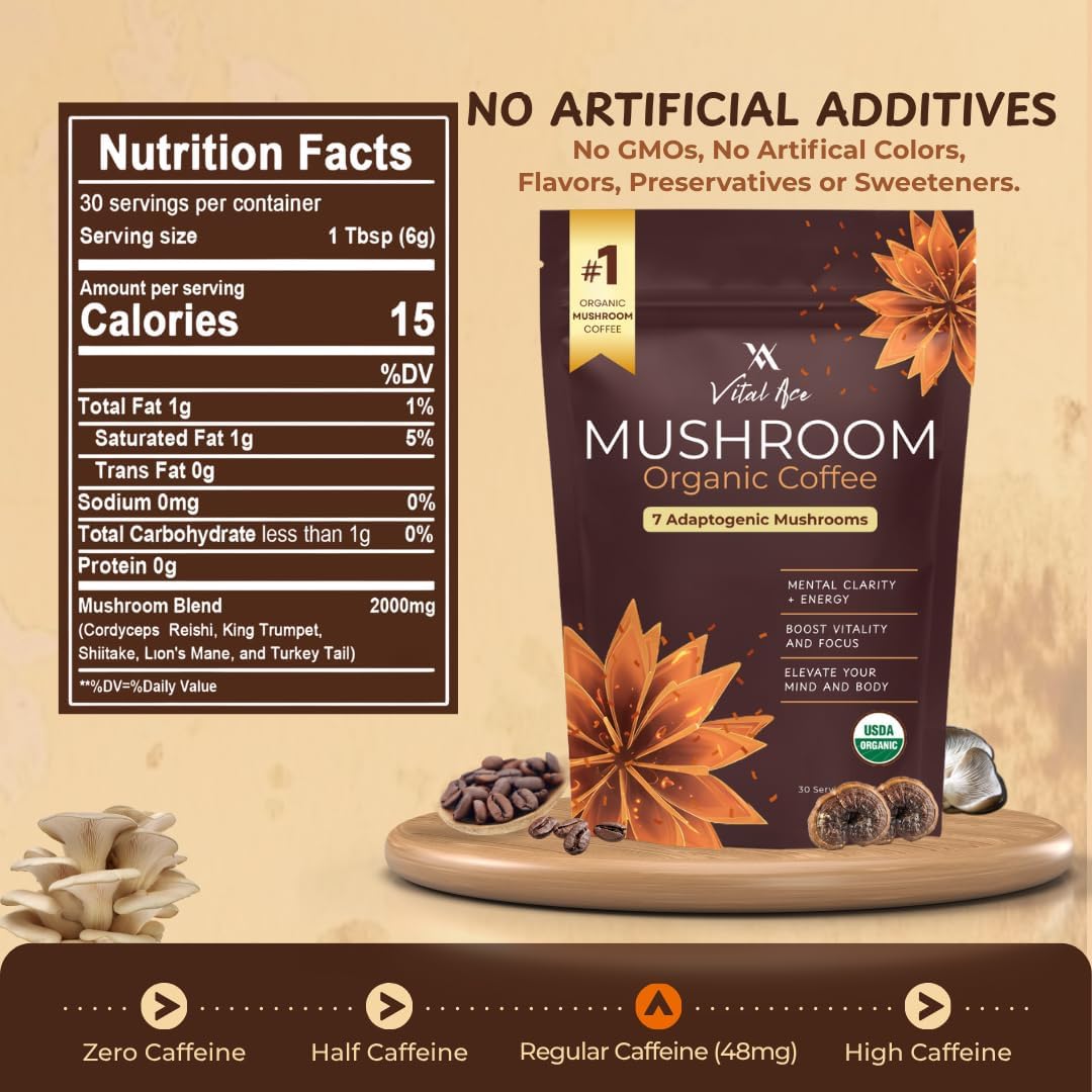 Mushroom Coffee with 7 Adaptogenic Mushroom | USDA Organic Enhanced Energy, Focus and Immunity with Cordyceps, Reishi, Shiitake, Lion's Mane & Turkey Tail | 30 Servings + Free FROTHER - Image 2