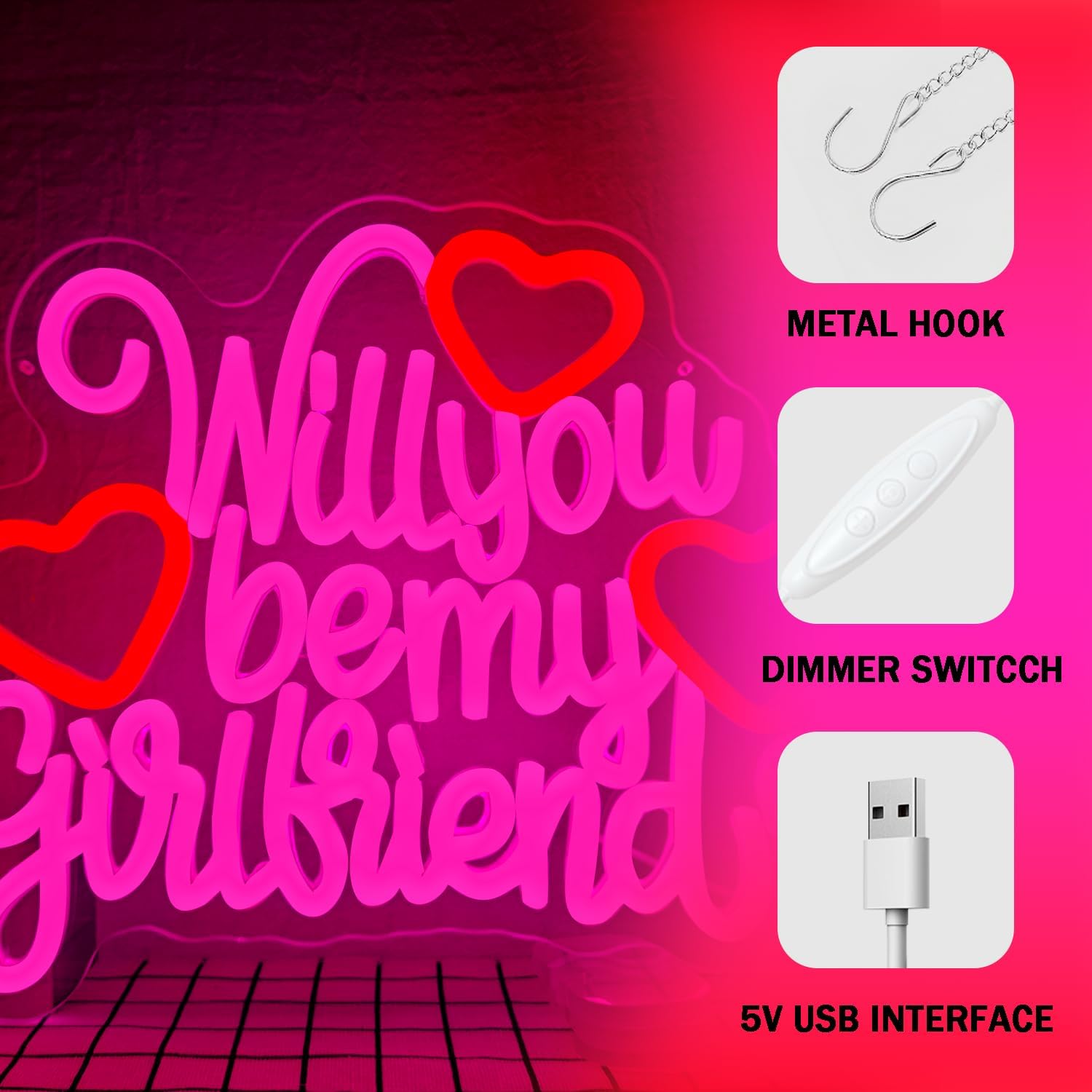 Will You Be My Girlfriend Neon Sign for Wall Decor Pink LED Light Sign for Room Decor Dimmable Light Up Sign for Birthday Party Decoration USB Powered - Image 4