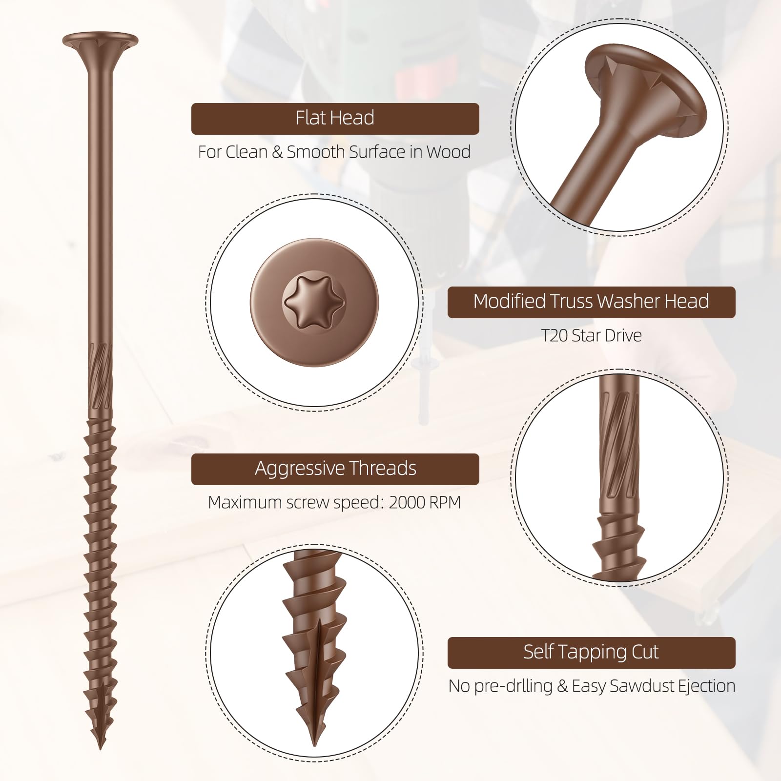 #10 tornillos de cubierta de 4 pulgadas, (106 piezas) 2 libras. Tornillos exteriores de madera, revestimiento epoxi resistente a la corrosión, bronce, broca de estrella T25, marrón, 5 libras