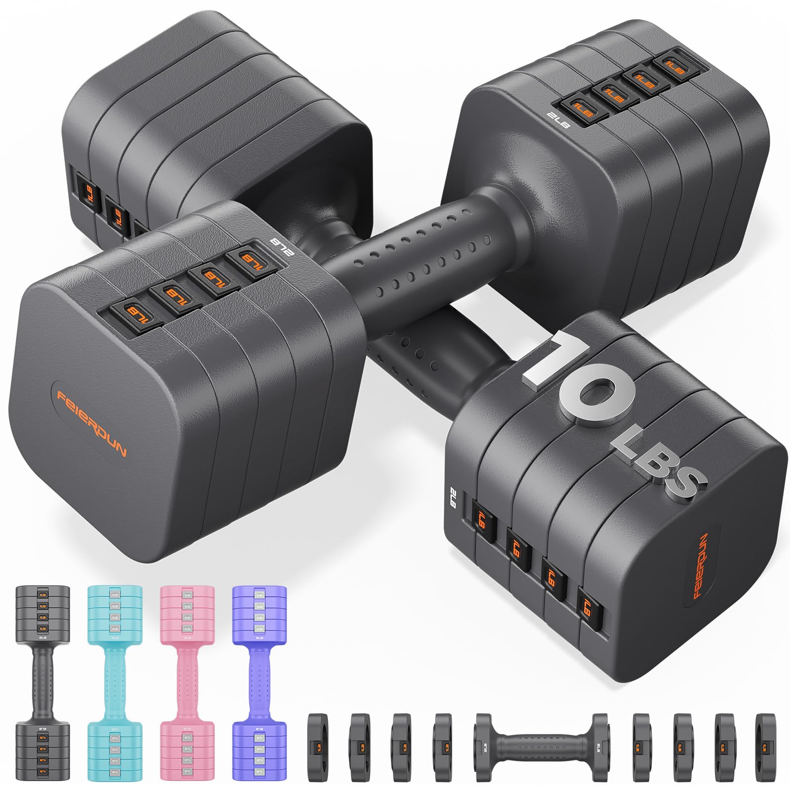FEIERDUN 5-in-1 Adjustable Dumbbell Set of 2, 12LBS/20LBS Hand Weights for Women, Men, 1s-Adjust Dual-Stable Dumbbell Set for Women Home Gym & Outdoor 10LBS Pair (20LBS Total) A-Strength Grey