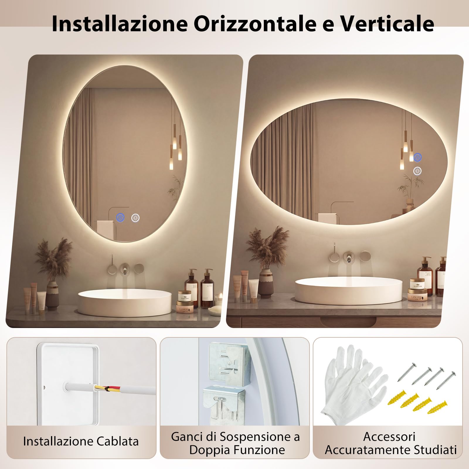 COSTWAY Specchio da Bagno Ovale 70 x 50 cm, Specchio Retroilluminato Bagno con Luce, Antiappannamento, 3 Colori di Luce Dimmerabili, Funzione Memoria e Vetro Temperato Infrangibile per Ingresso, IP44