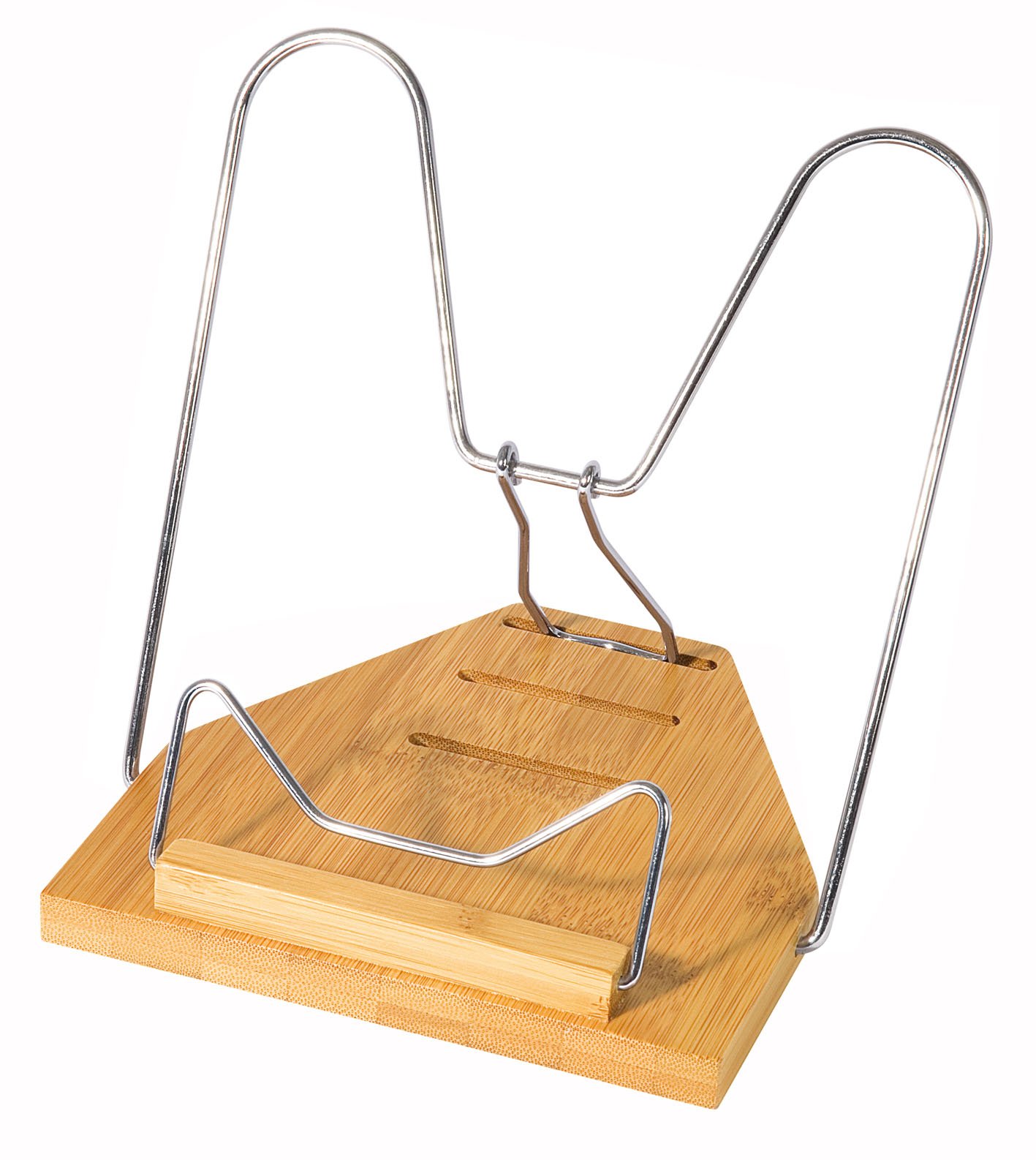 Wedo 211407 Bambusowa Podpórka do Czytania, Niklowany Metalowy Pałąk, 3 Stopnie Regulacji, Brązowa, 21,8 x 17,0 x 3,4 cm