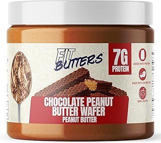 Fit Butters Chocolate Peanut Butter Wafer Peanut Butter Spread - Added Protein and Coconut Oil, Low Carb, Low Sugar, Complete Protein Dessert Flavored Nut Butter