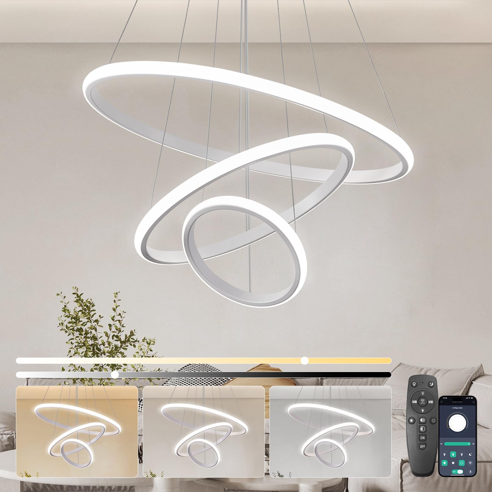 KSIBNW Lampadario Camera A Sospensione LED, Moderna Lampadario Soggiorno Dimmerabili 2700K-6500K Lampada A Sospensione con Telecomando & Controllo APP 3 Squillare Bianco Appendere Luci Regolabile