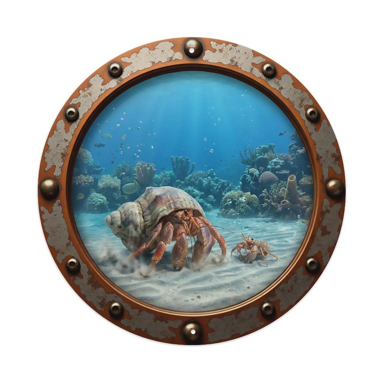 Odgynaw 8X8inch(20X20cm) Vintage Porthole Hermit Crab Nautical Window View Metal Tin Sign