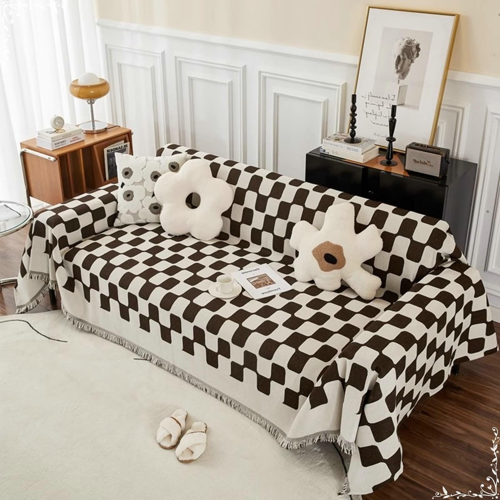 Protège canapé méridienne chenille café 180x420cm jeté de canapé géométrique 4 places