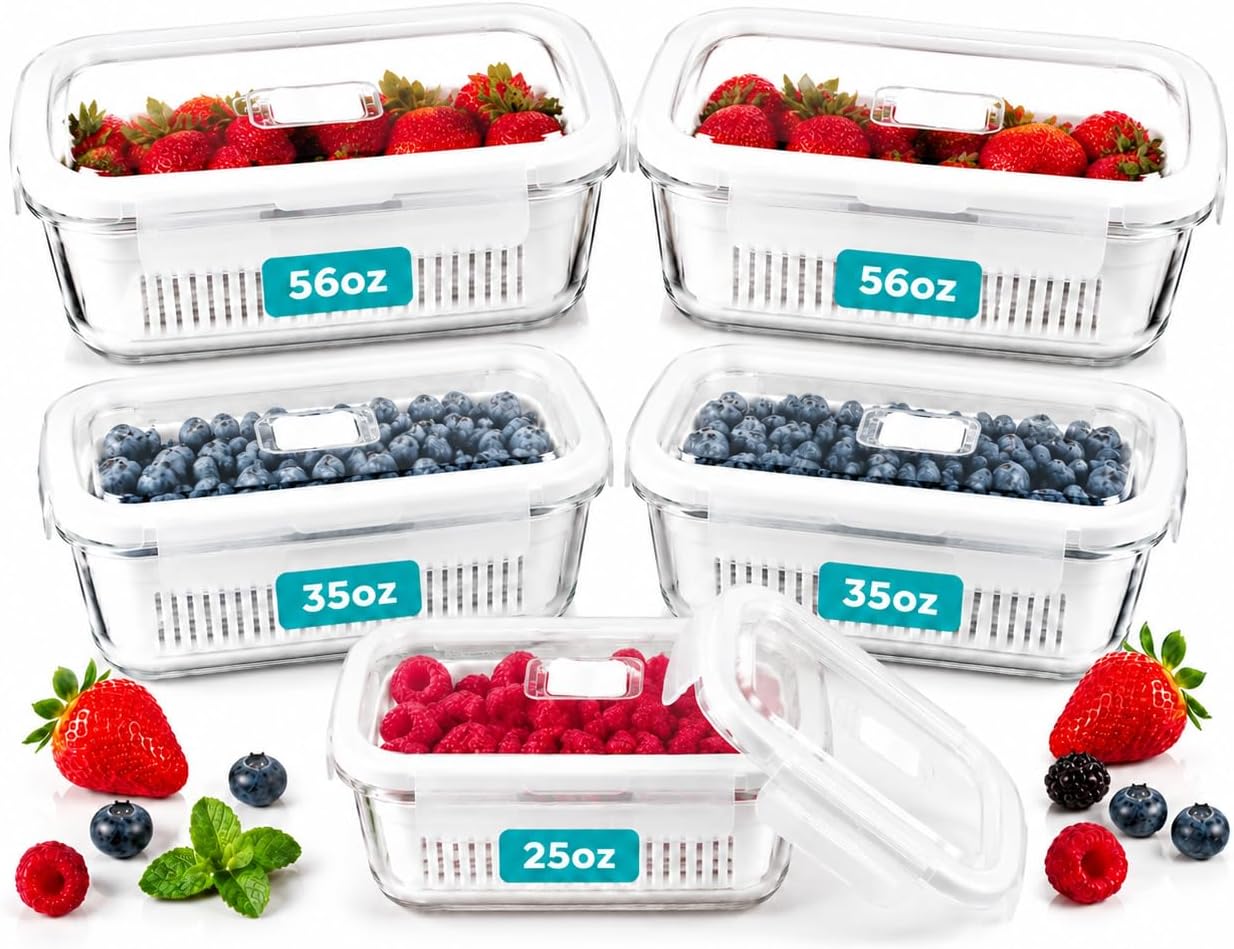 Glass Berry Containers for Fridge, 5 Pack, 2x56oz 2x35oz 1x25oz, with Removable Colanders and Vent Valve Lids, Glass Fruit Storage Containers for Refrigerator, Fresh Produce Storage Set(white)