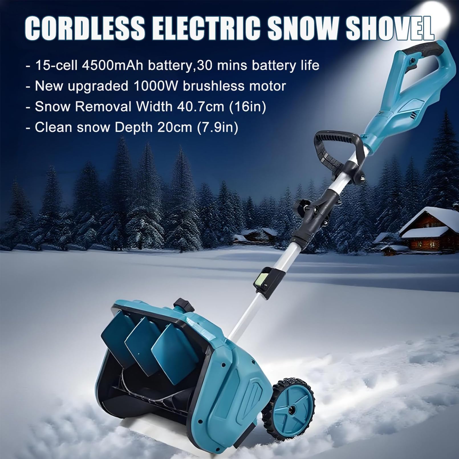 Pala da neve senza fili, spazzaneve elettrico con larghezza di 40,6 cm, batteria 2 x 4500 mAh, design pieghevole, direzione regolabile a 45° per vialetti, sentieri e patii