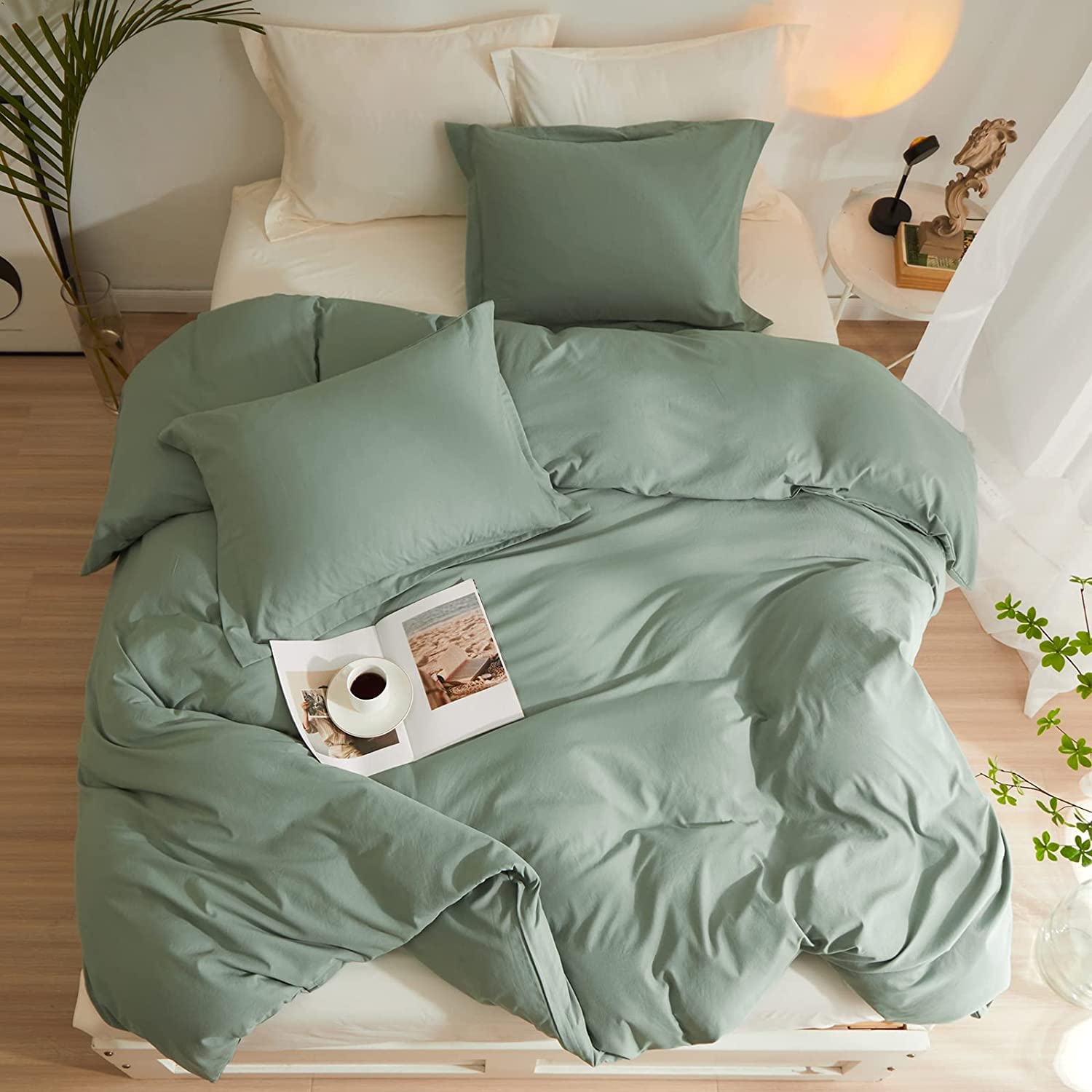Sage Green Duvet Cover Full Size Soft Washed Microfiber 3 Pieces Bedding Set 1 Duvet Cover 80”x90” with 2 Pillowcases Light Green Comforter Cover Modern Soft Full Duvet Cover with Zipper Closure - Image 4