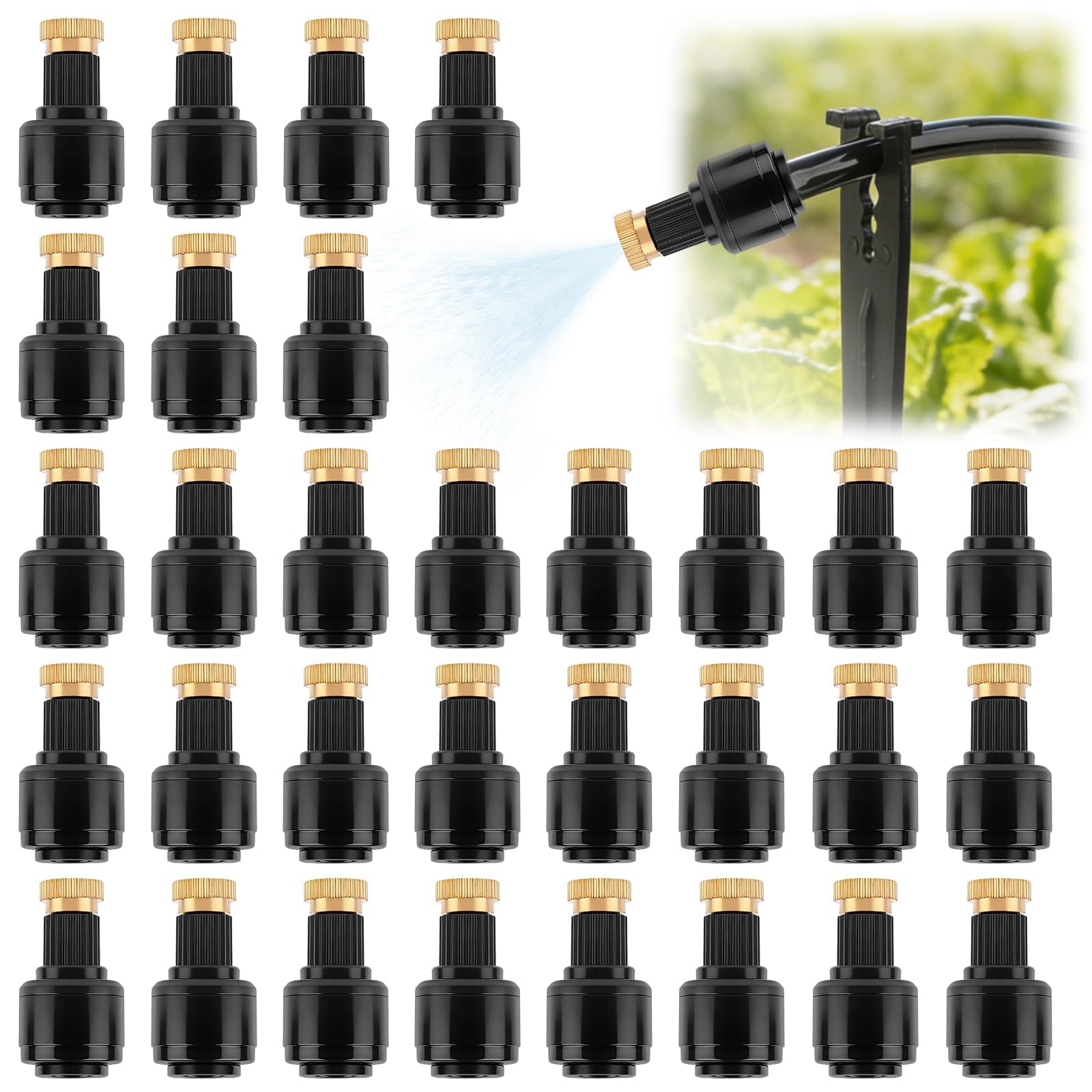 30PCS 1/4" Adjustable Drip Irrigation Nozzles, Kalolary Quick Connect Brass Misting Nozzle Copper Atomizing Nozzle Sprayer 4/7mm Micro Sprinkler Garden Outdoor Cooling System for Lawn Greenhouse
