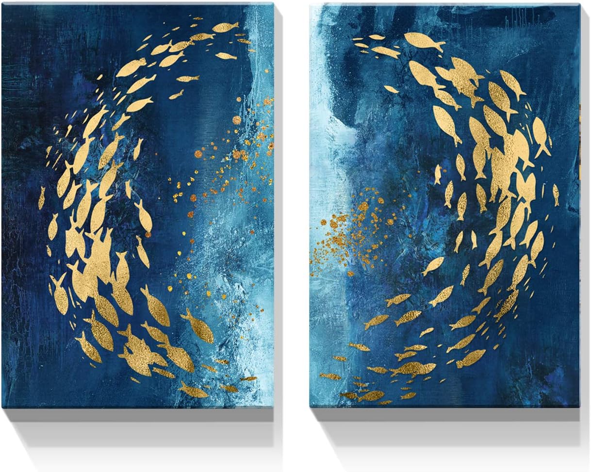 Looife Blue and Gold Abstract Pinting Canvas Wall Art, 24x1.5x36 Inch 2 Panels Colorful Textured Gold Fish in the Blue Ocean Picture Prints Wall Decor, Wrapped Canvas Art Deco 24"x36" Cpdp-01