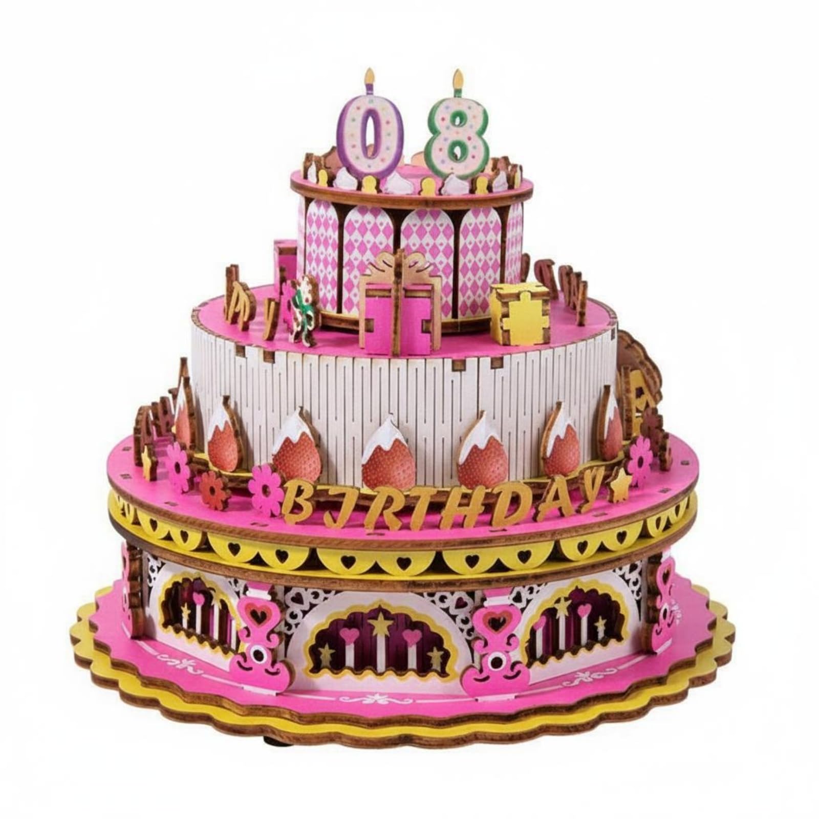 Rompecabezas de Madera Infantil Caja de Música Pastel Juego Didáctico Manualidad DIY Construcción Manual Exhibición Bonita Adecuado para Cumpleaños Fiestas Regalo Actividades en Casa, Rosa