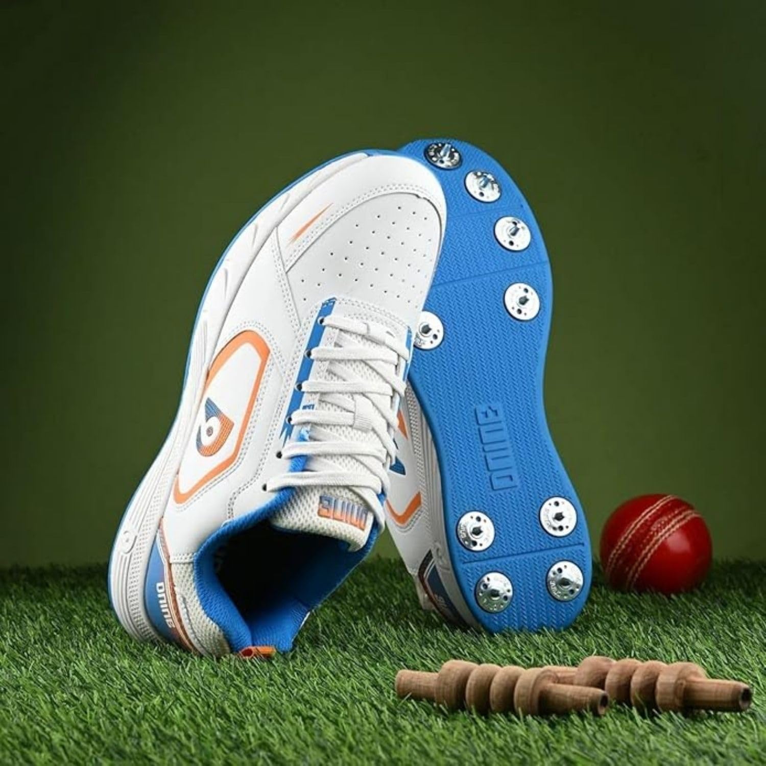 DNINE Thunder Cricket Shoes, Metal Spike, White/Orange/Blue, PU Leather Upper, EVA Midsole-6UK 3
